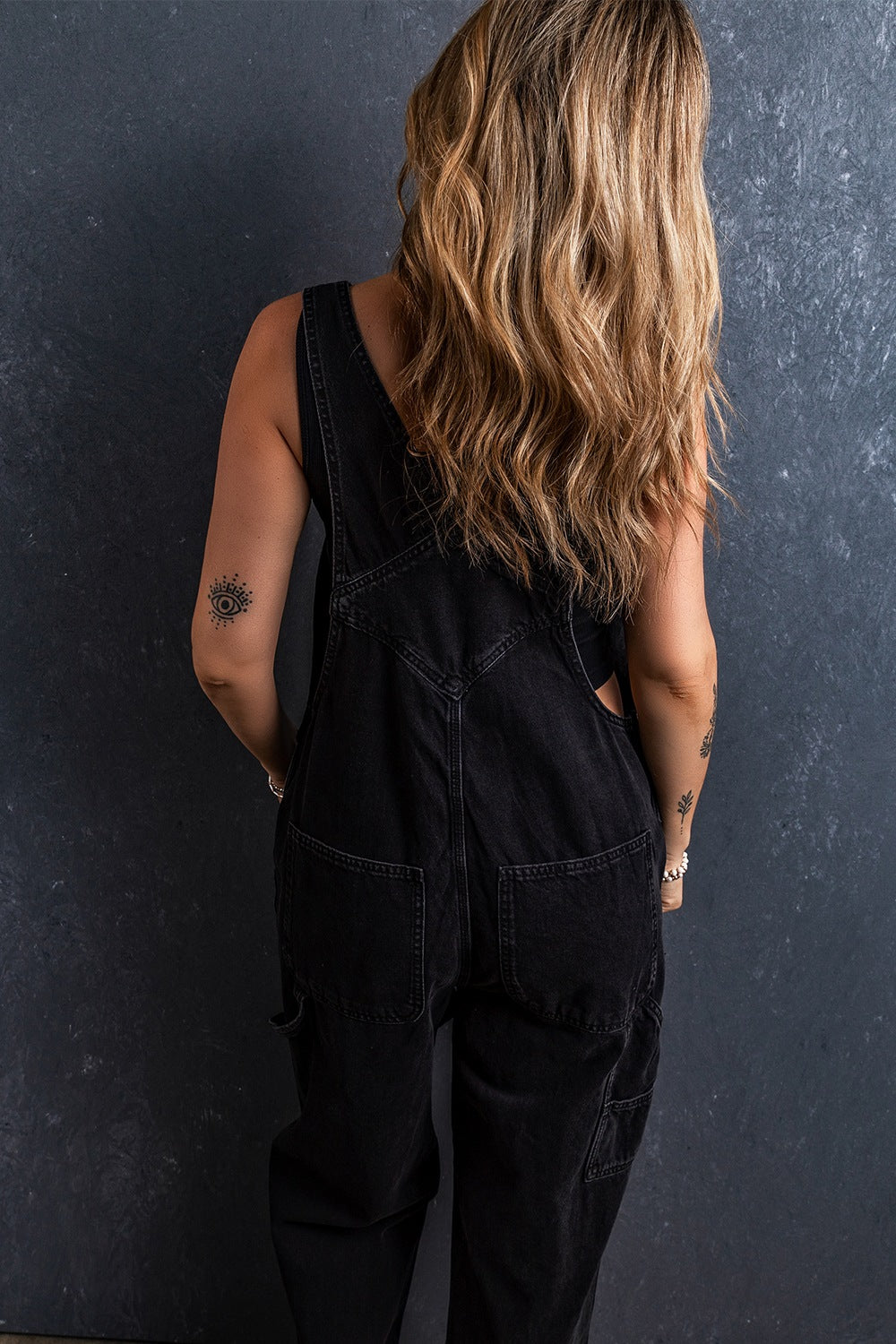 Pocketed Straight Denim Overalls - Black