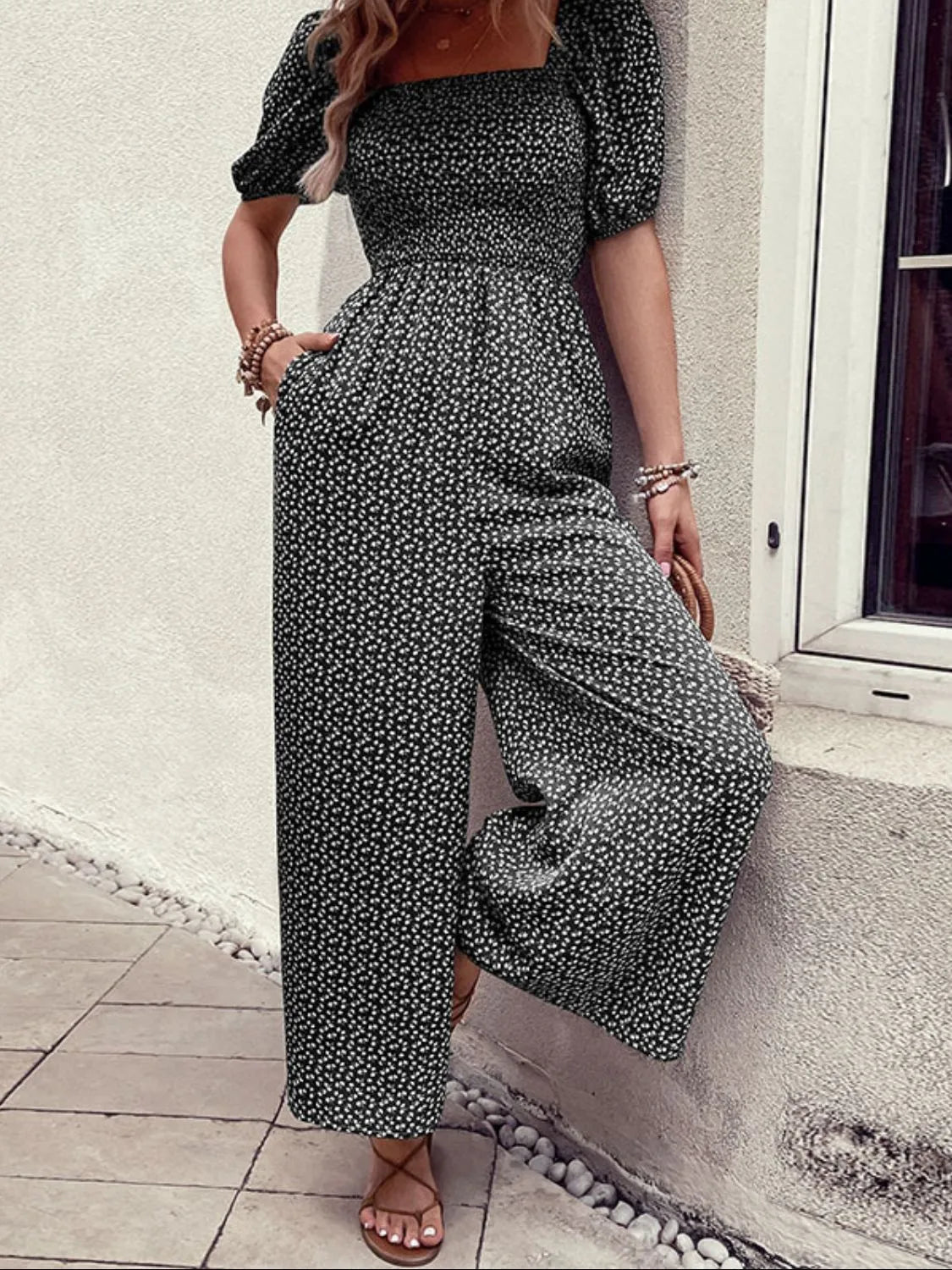 Printed Square Neck Puff Sleeve Jumpsuit - Black