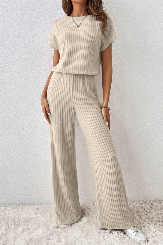 Ribbed Knit Wide Leg Jumpsuit - Beige
