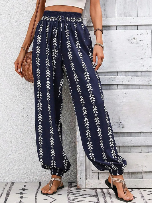 Tied Printed High Waist Pants - Dark Blue