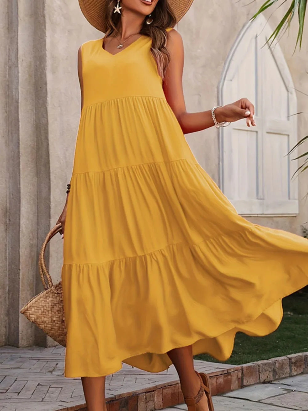 Tiered V-Neck Sleeveless Dress - Mustard