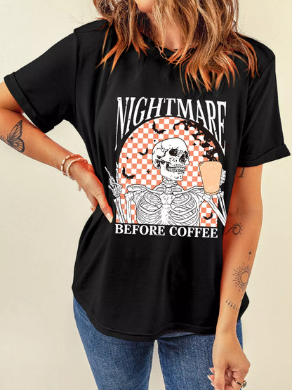 Skull Checkerboard Graphic Round Neck T-Shirt -