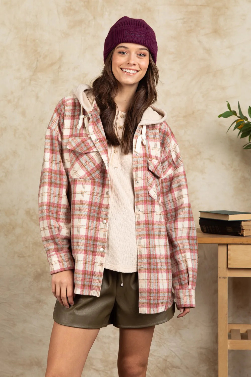 Drawstring Plaid Long Sleeve Hooded Jacket - Dusty Pink