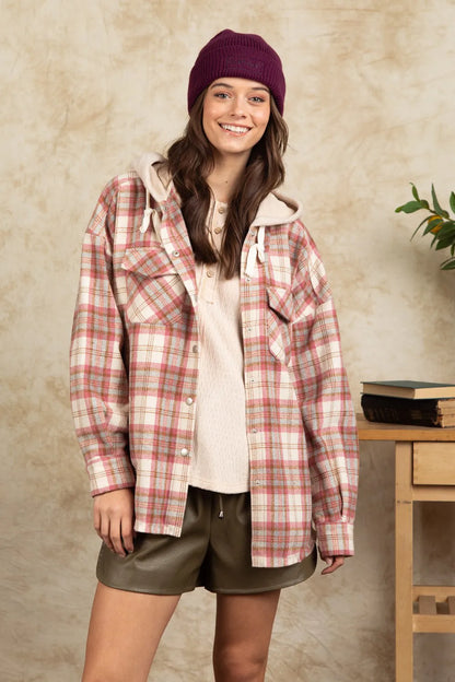 Drawstring Plaid Long Sleeve Hooded Jacket - Dusty Pink