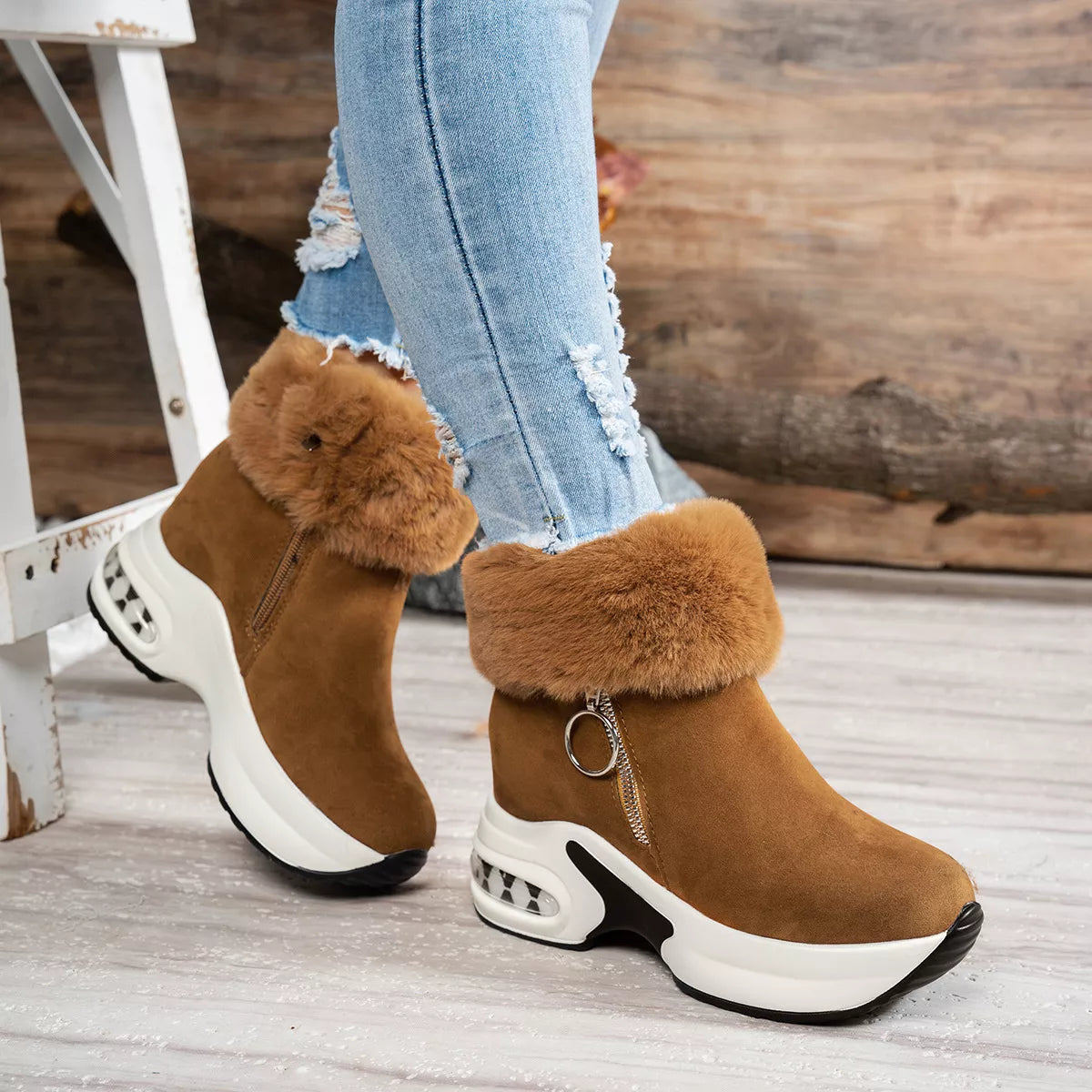 Fuzzy Side Zipper Platform Ankle Boots -