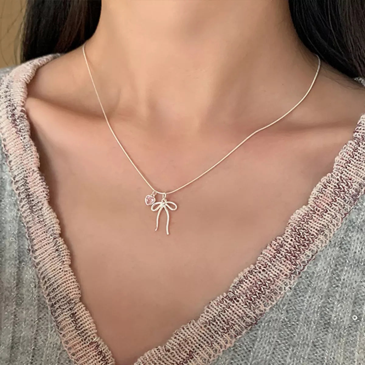 Bow and Heart Pendant Necklace -
