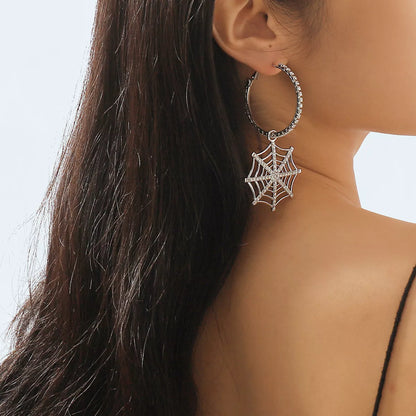 Spider Web Dangle Hoop Earrings - Silver One Size