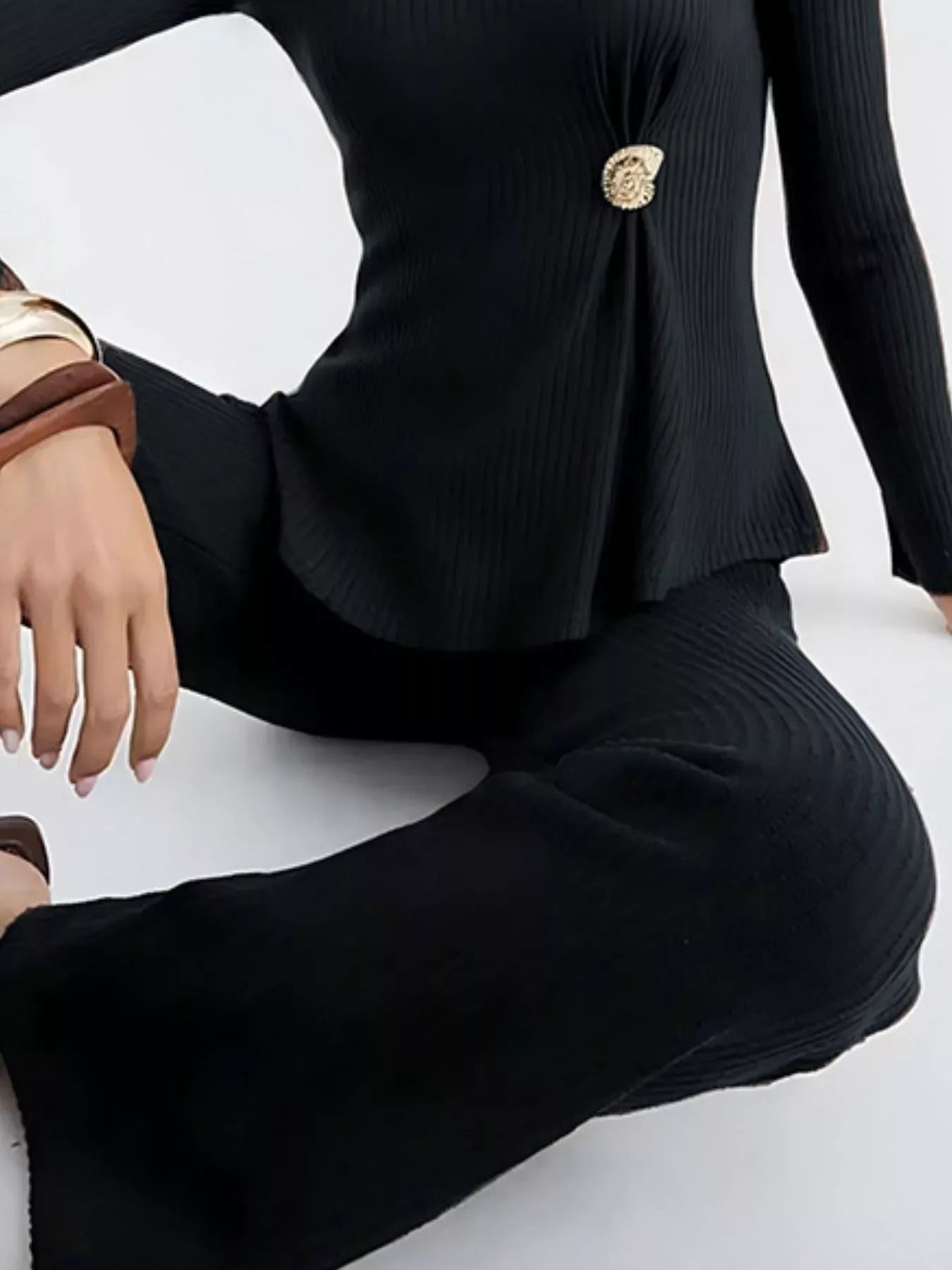 Ribbed Knit Round Neck Top and Pants Sweater Set -