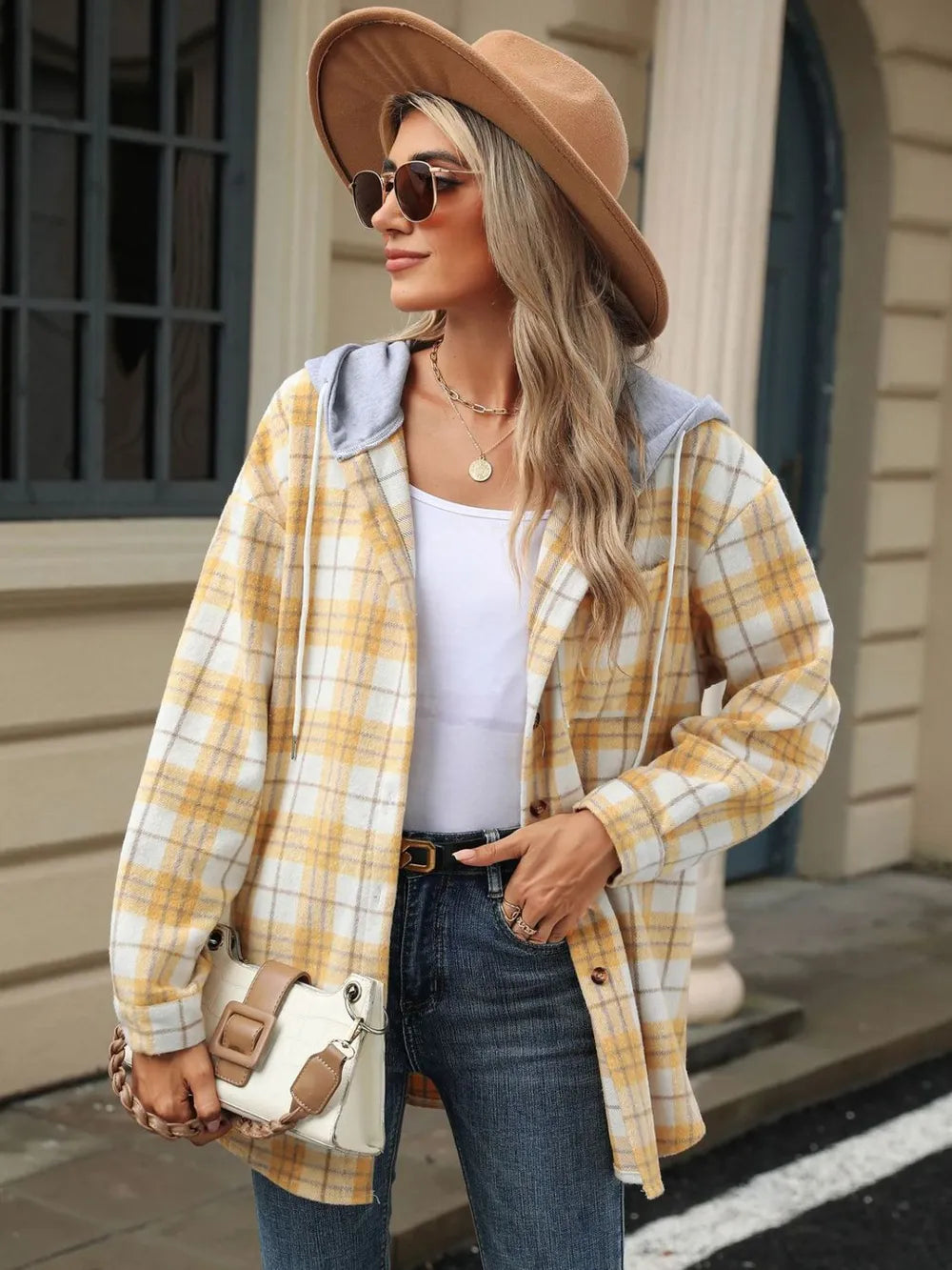 Drawstring Plaid Button Up Hooded Jacket -