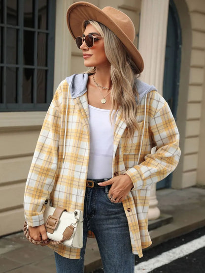 Drawstring Plaid Button Up Hooded Jacket -