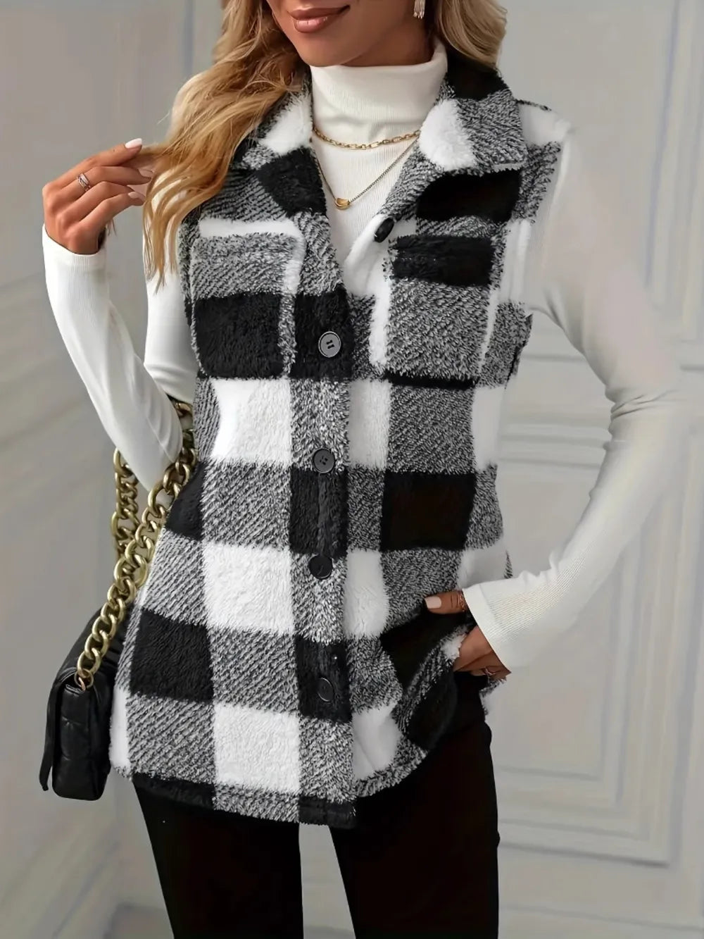 Plaid Button Up Vest Coat - Black