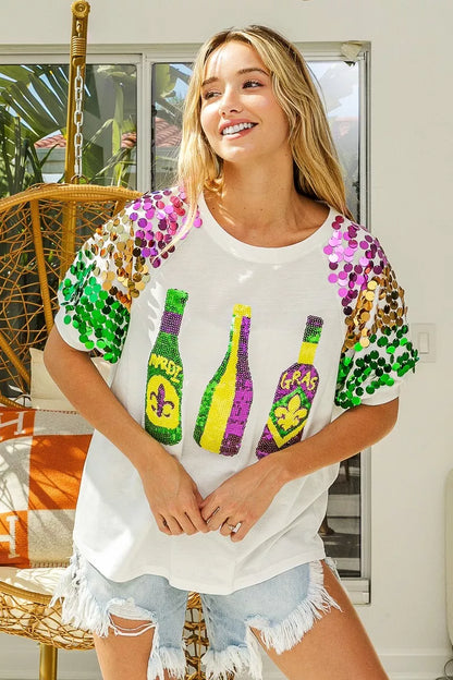 Sequin Mardi Gras Bottles Spangled Sleeve Top -