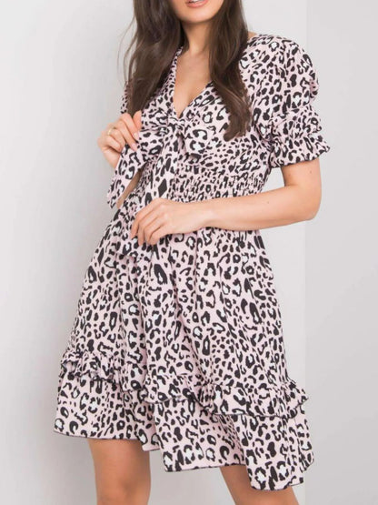 Leopard Print Tie Front Short Sleeve Mini Dress - Pale Blush
