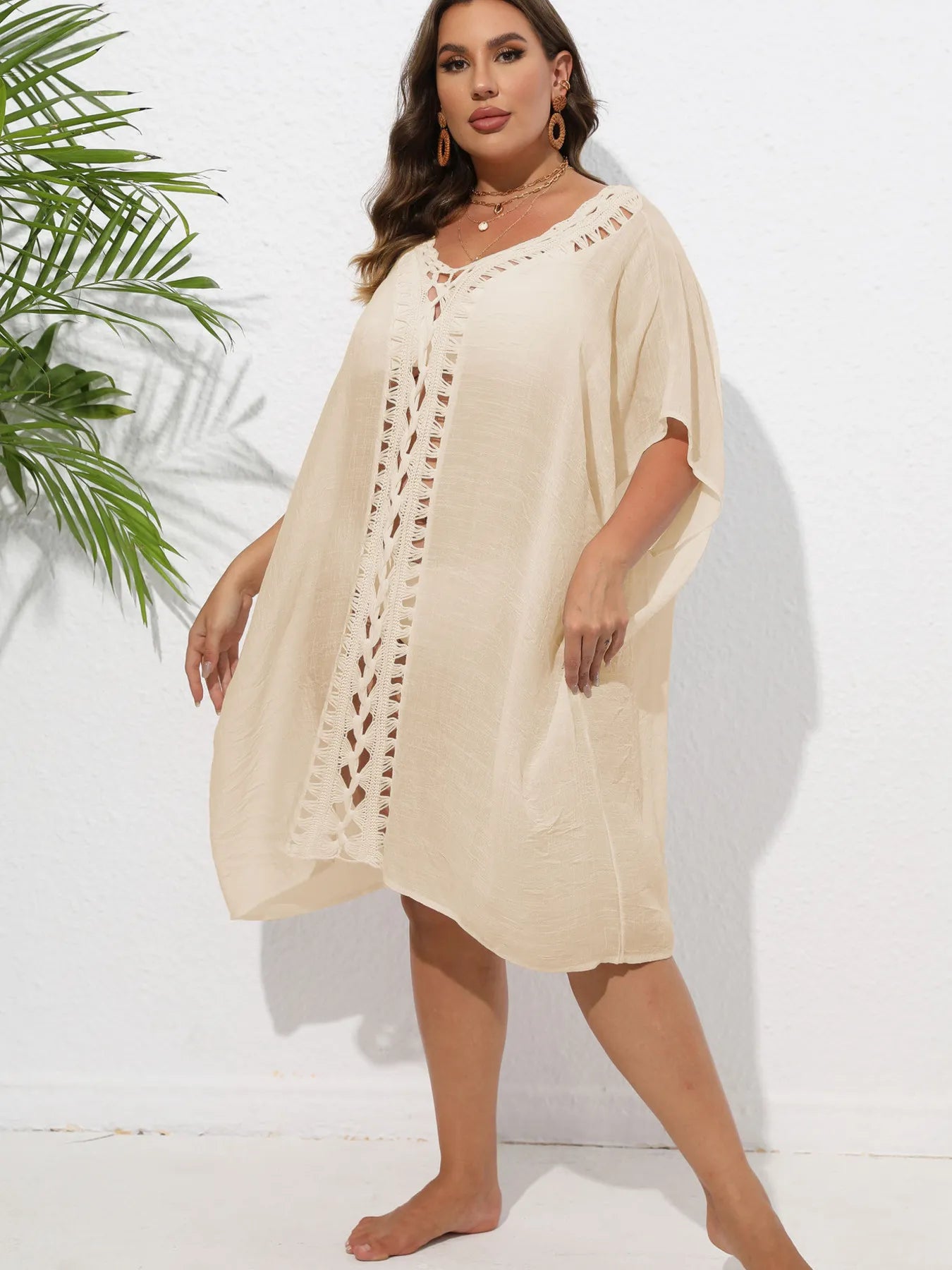 Crochet Trim V-Neck Beach Cover-Up Dress -
