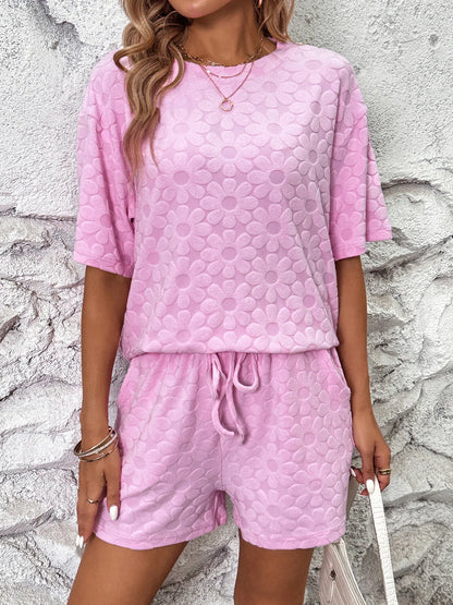 Flower Round Neck Top and Shorts Lounge Set -