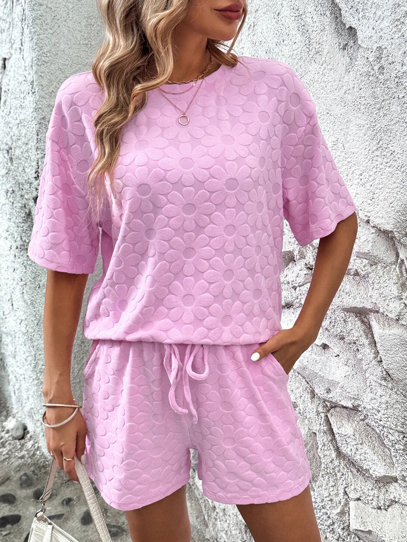 Flower Round Neck Top and Shorts Lounge Set - Pink