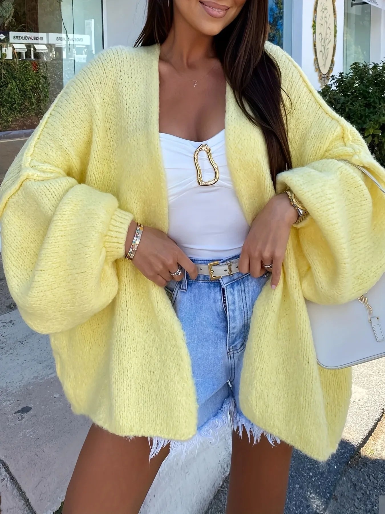 Open Front Long Sleeve Cardigan - Yellow