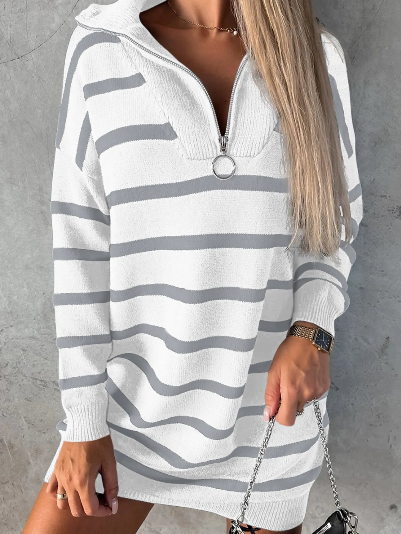 Striped Collared Loose Sweater Mini Dress -