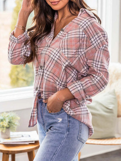 Plaid Collared Neck Long Sleeve Shirt - Blush Pink