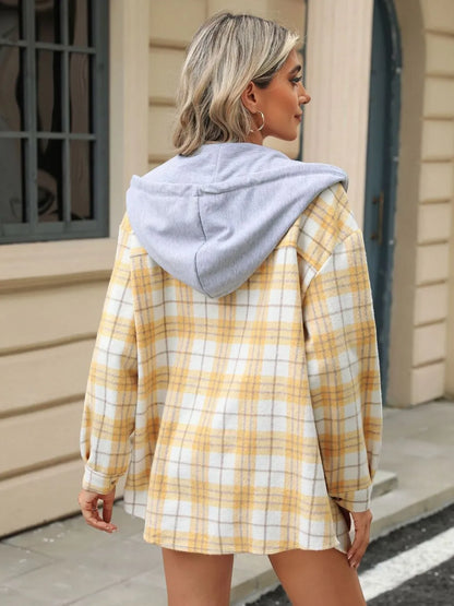 Drawstring Plaid Button Up Hooded Jacket -