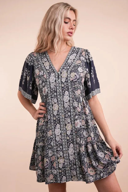 Shirring Detail Printed Woven Mini Dress -