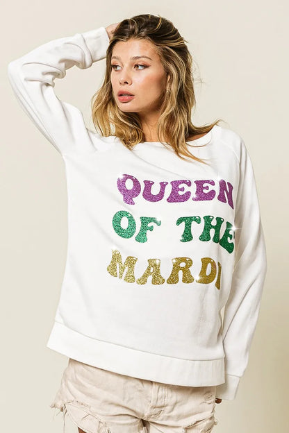 BiBi Queen Of Mardi Glitter Print Mardi Gras Sweatshirt -