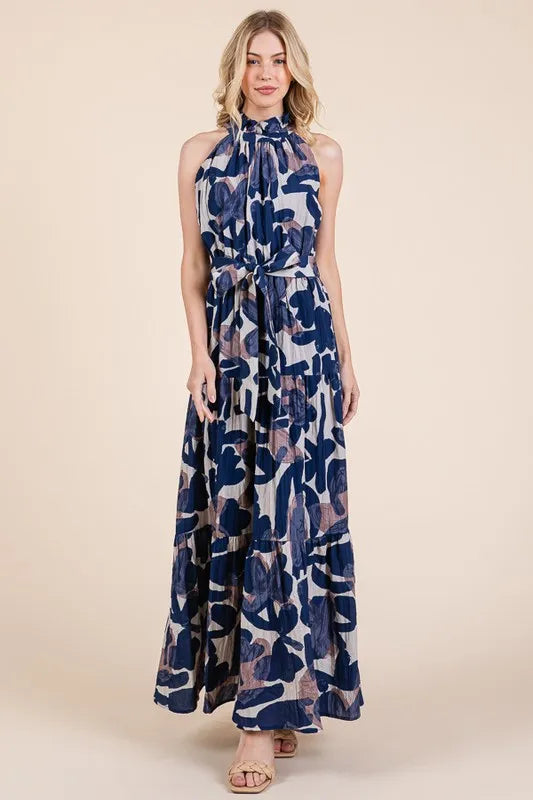 Abstract Halter Neck Tie-Waist Maxi Dress -