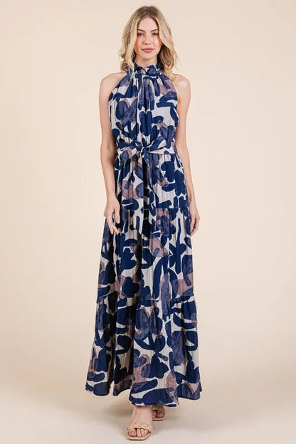 Abstract Halter Neck Tie-Waist Maxi Dress -
