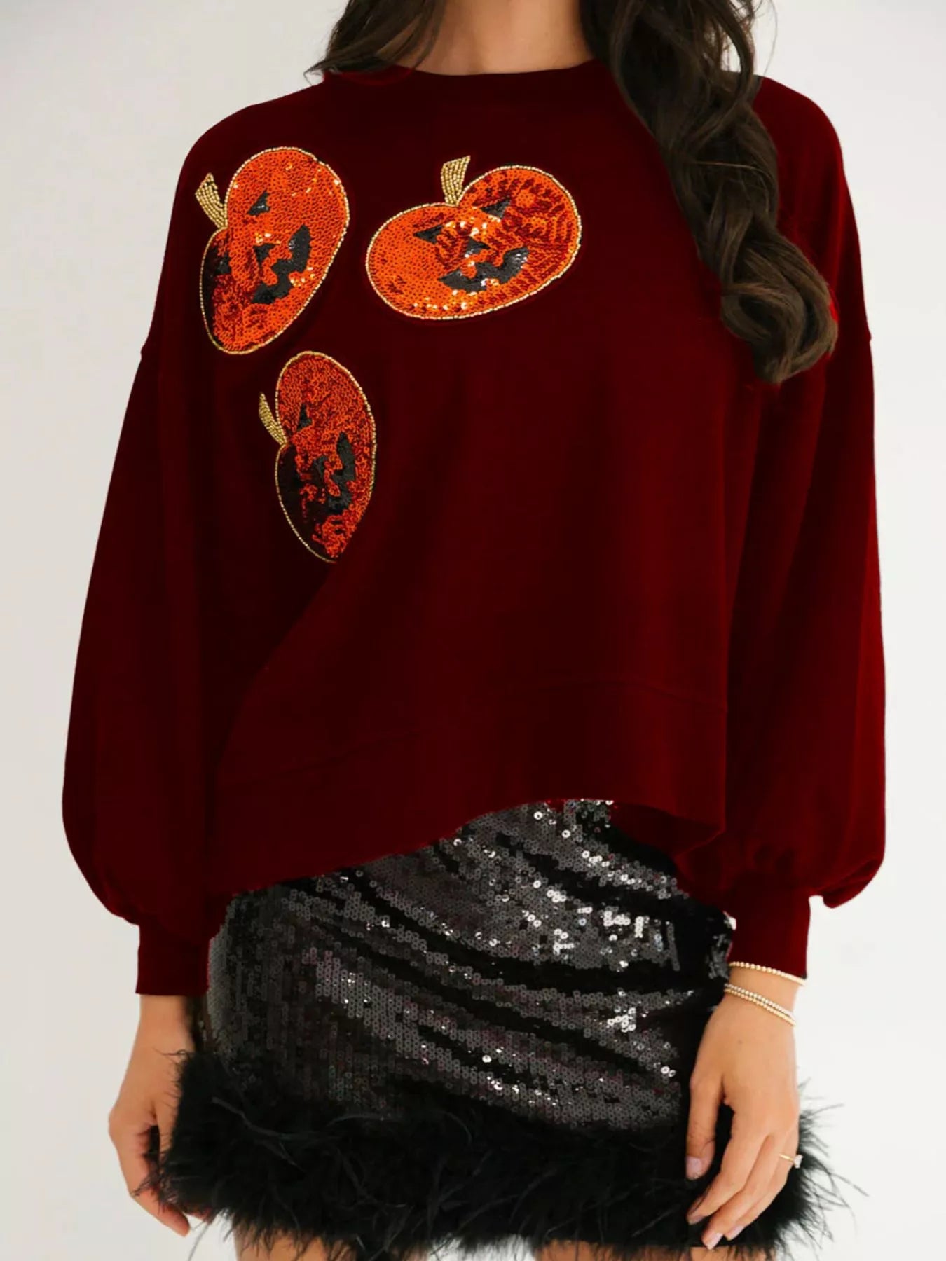 Halloween Pumpkin Round Neck Sweatshirt - Red