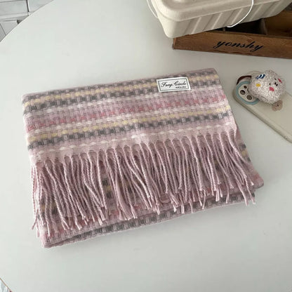 Plaid Fringe Warm Scarf - Pink One Size