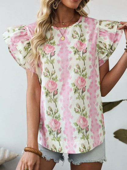 Floral Print Ruffled Sleeve Blouse -