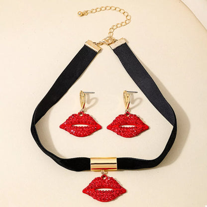 Rhinestone Lip Earrings and Necklace Jewelry Set -