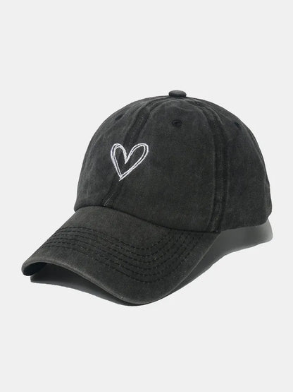 Embroidered Heart Washed Cotton Baseball Cap - Black One Size