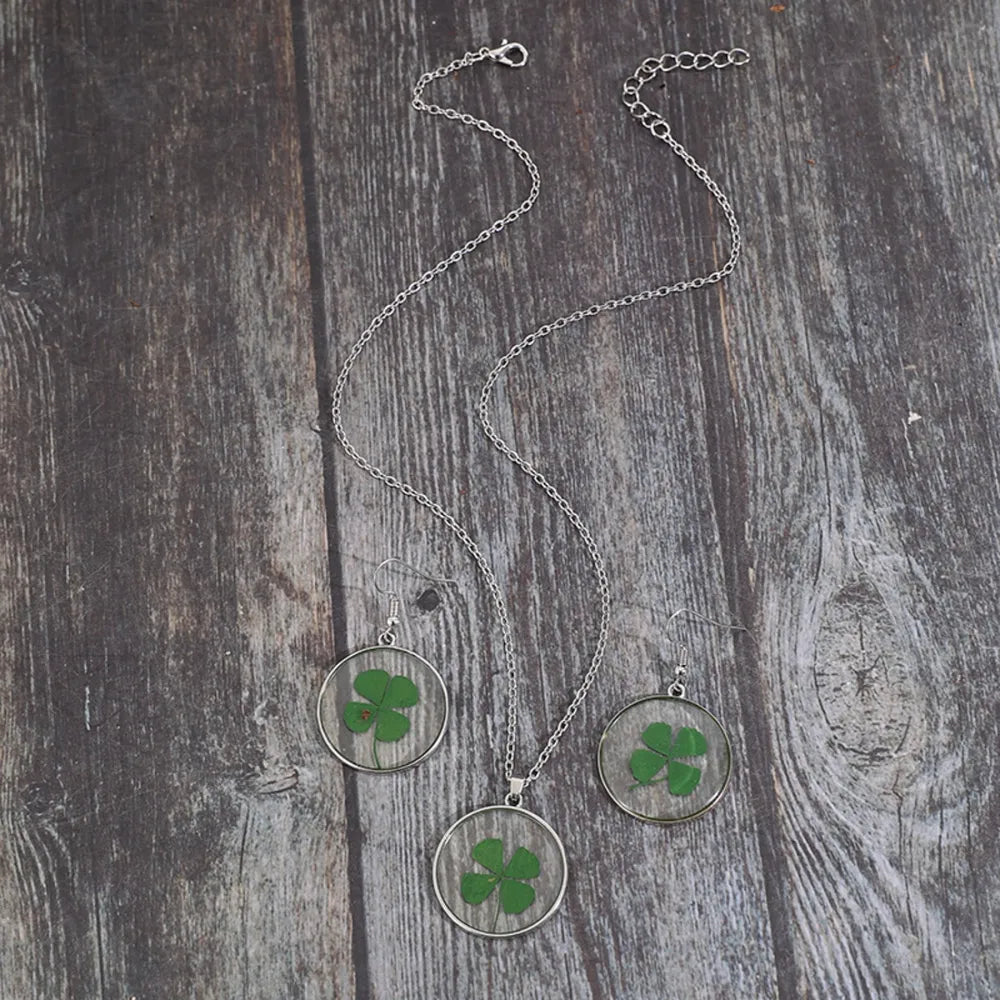 Lucky Clover Alloy Acrylic Earrings and Necklace Jewelry Set -