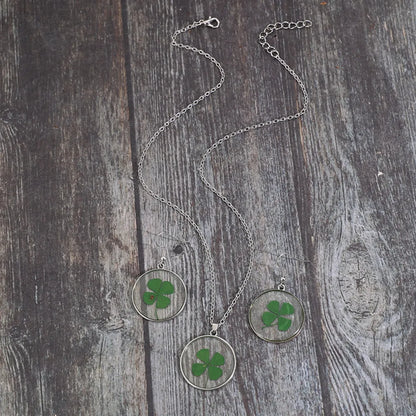 Lucky Clover Alloy Acrylic Earrings and Necklace Jewelry Set -