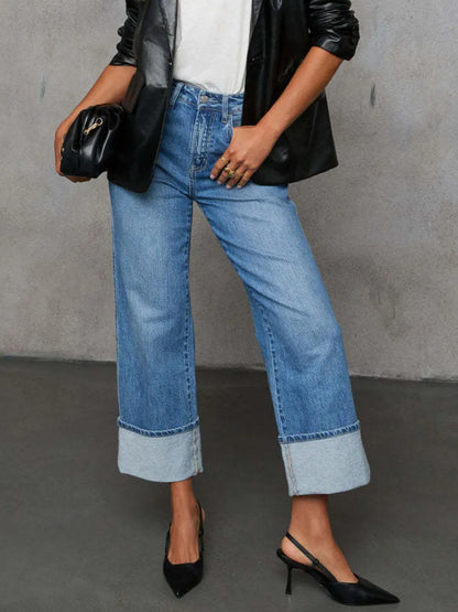 High Waisted Straight Leg Rolled Jeans -