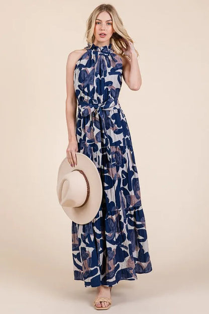 Abstract Halter Neck Tie-Waist Maxi Dress -