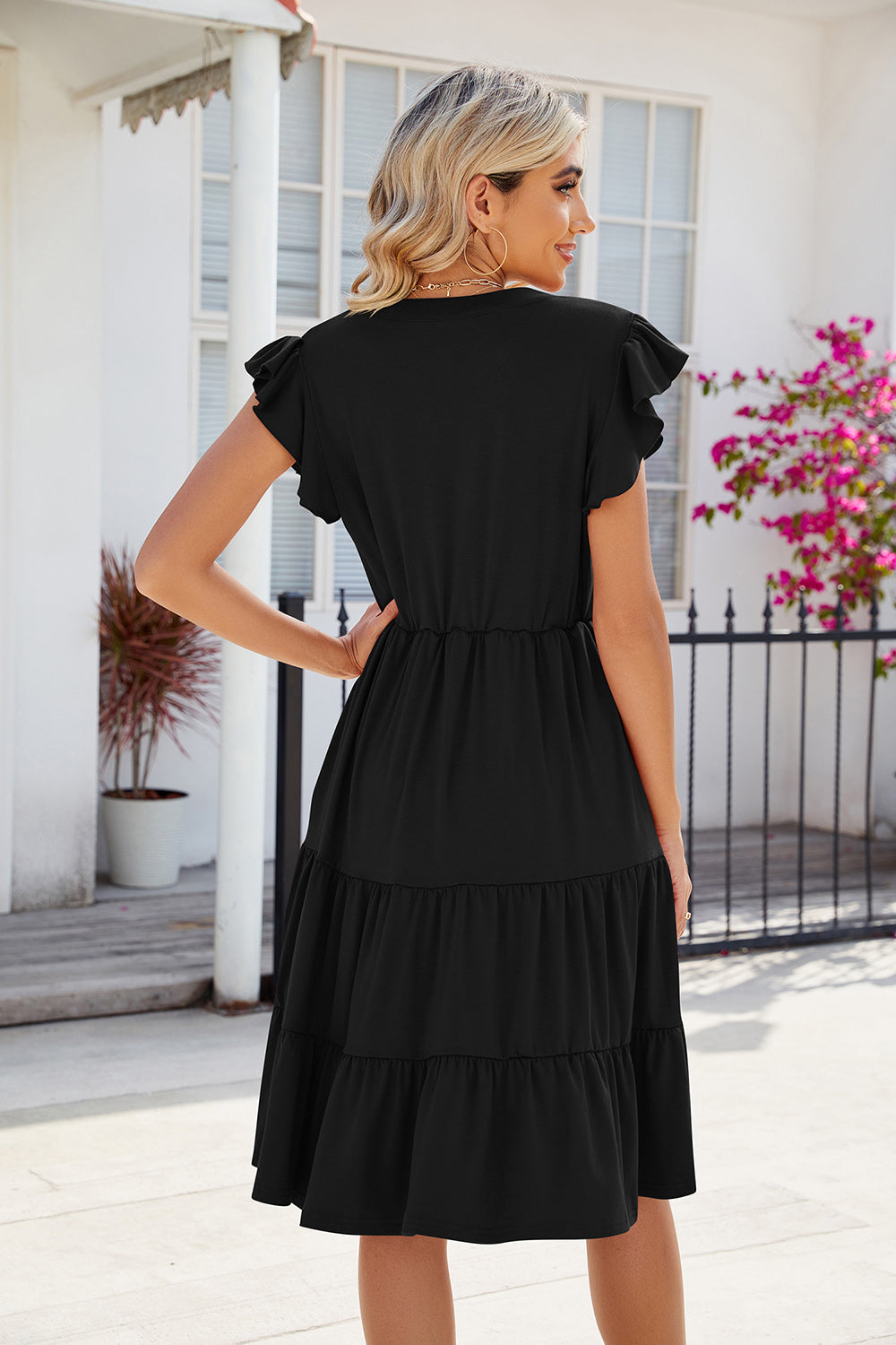 Ruched Notched Cap Sleeve Dress | AdoreStarr