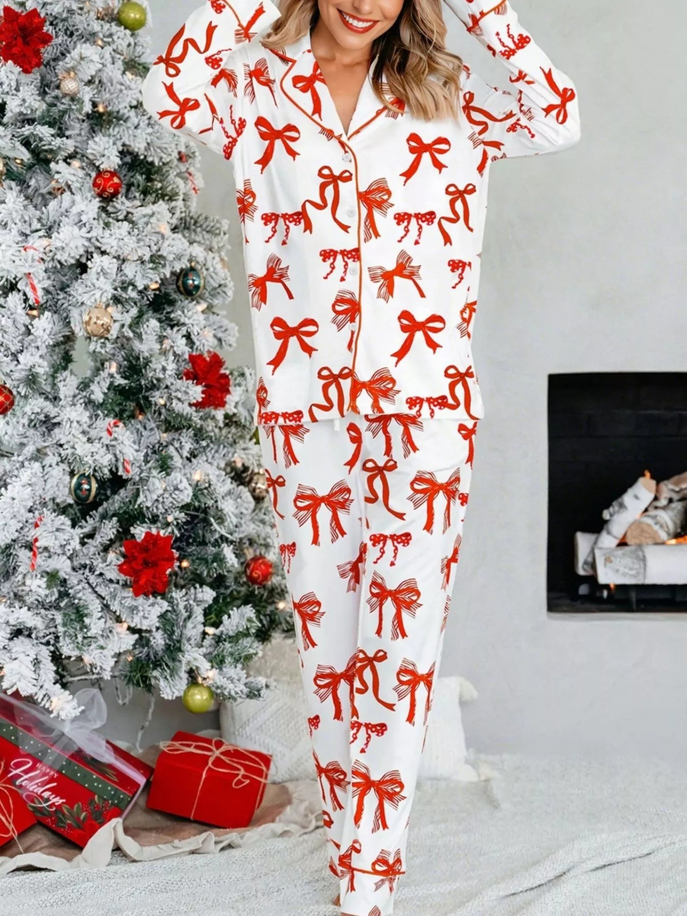 Bow Print Top and Pants Pajama Set -