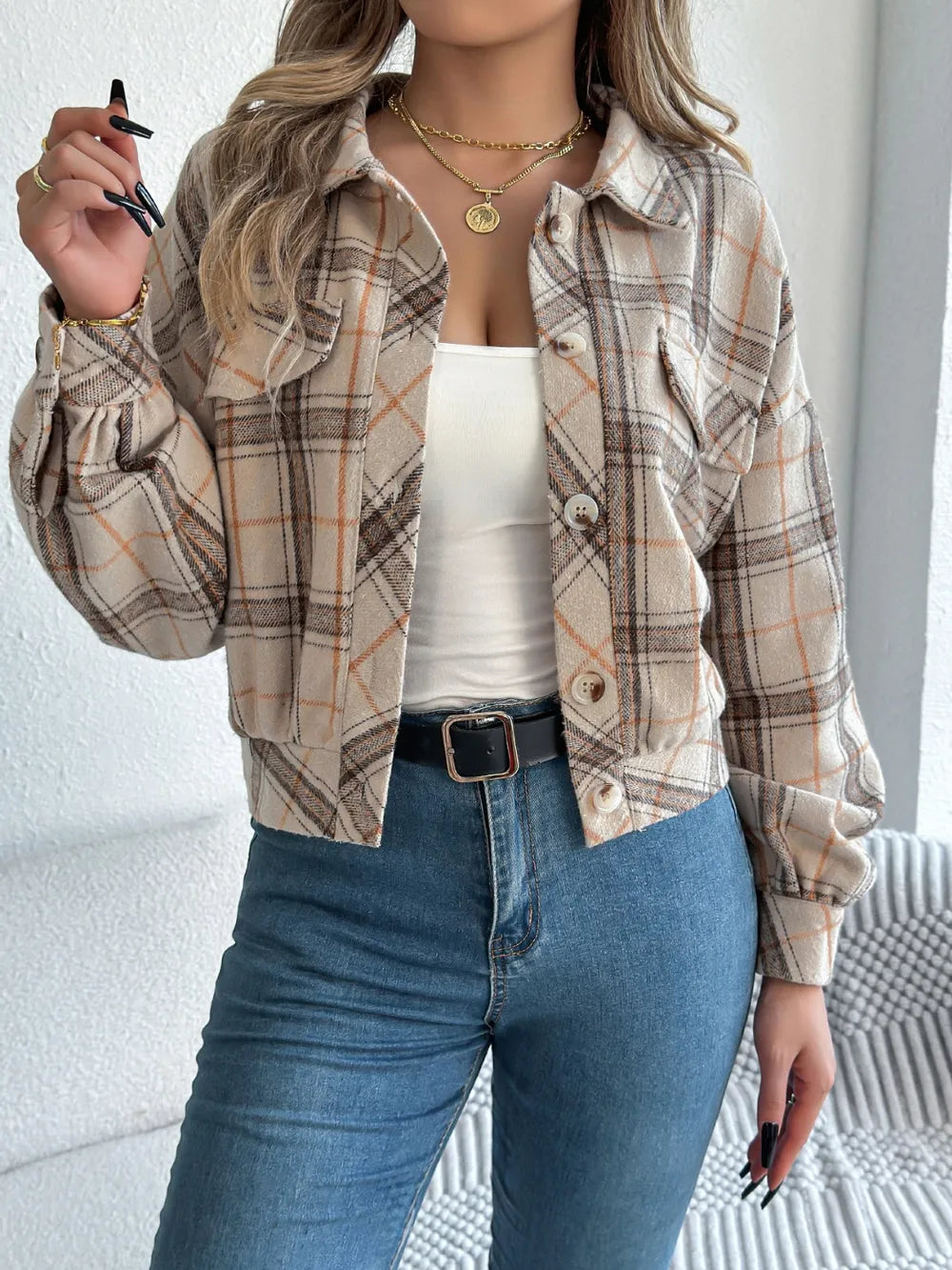Plaid Button Up Long Sleeve Jacket - Dust Storm