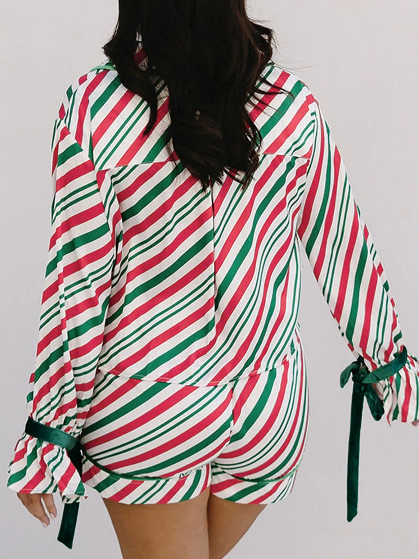 Stripe Contrast Velvet Ribbon Knot Pajama Set -