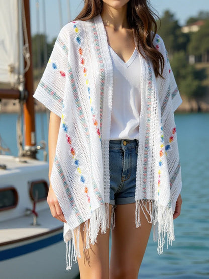 Openwork Fringe Open Front Knit Cape - White One Size