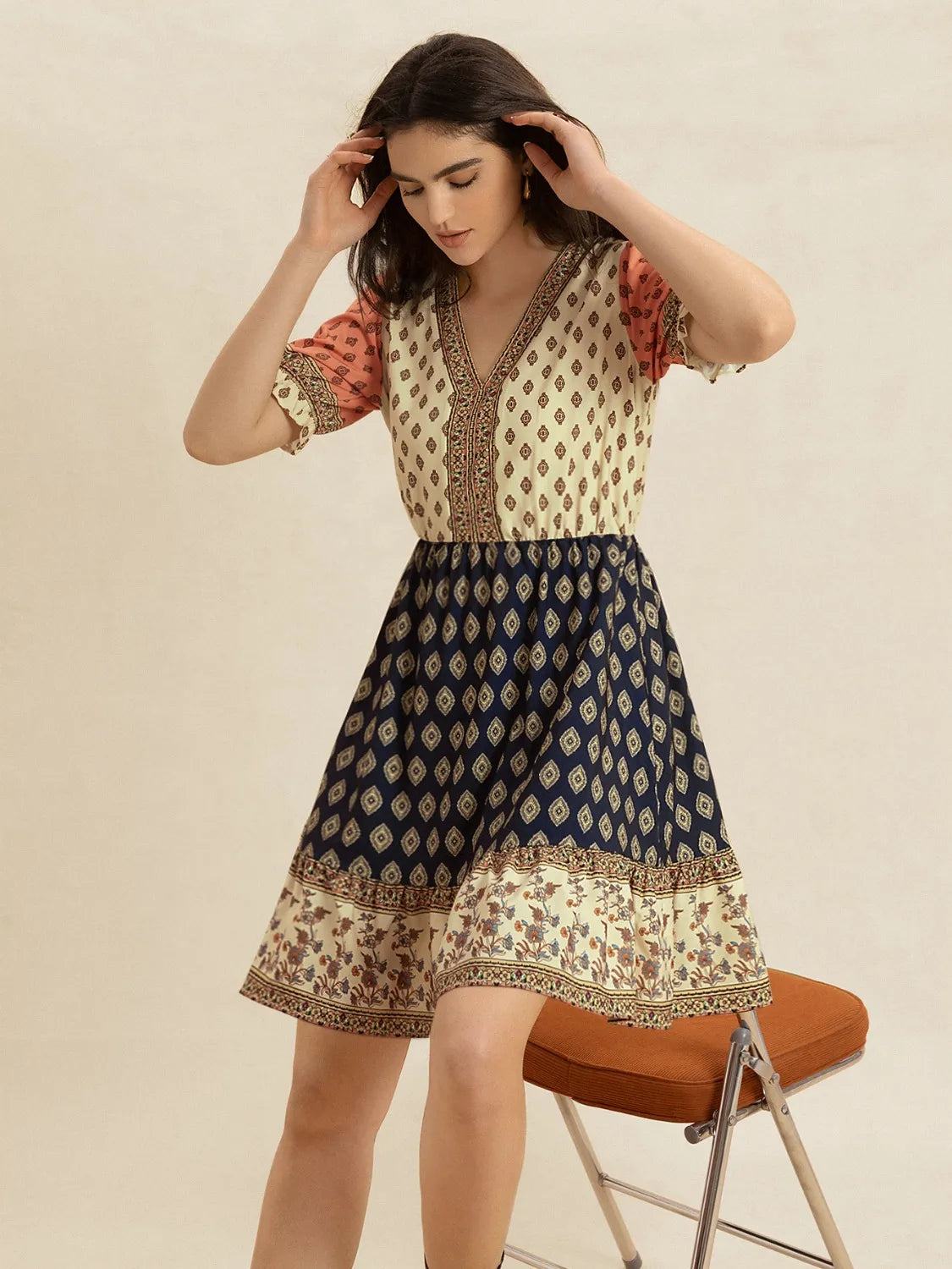 Printed V-Neck Short Sleeve Dress -