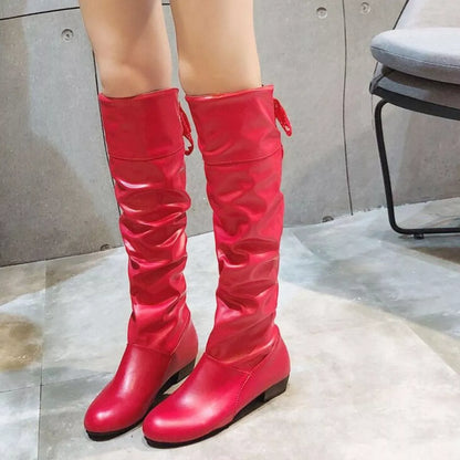 Round Toe Low Heel Boots - Red