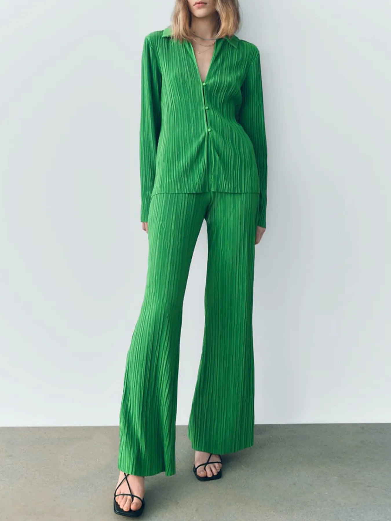 Texture Long Sleeve Top and Pants Lounge Set - Green