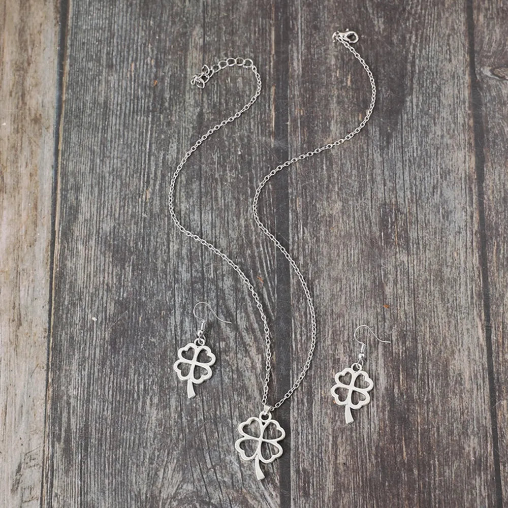 Lucky Clover Alloy Earrings and Necklace Jewelry Set -