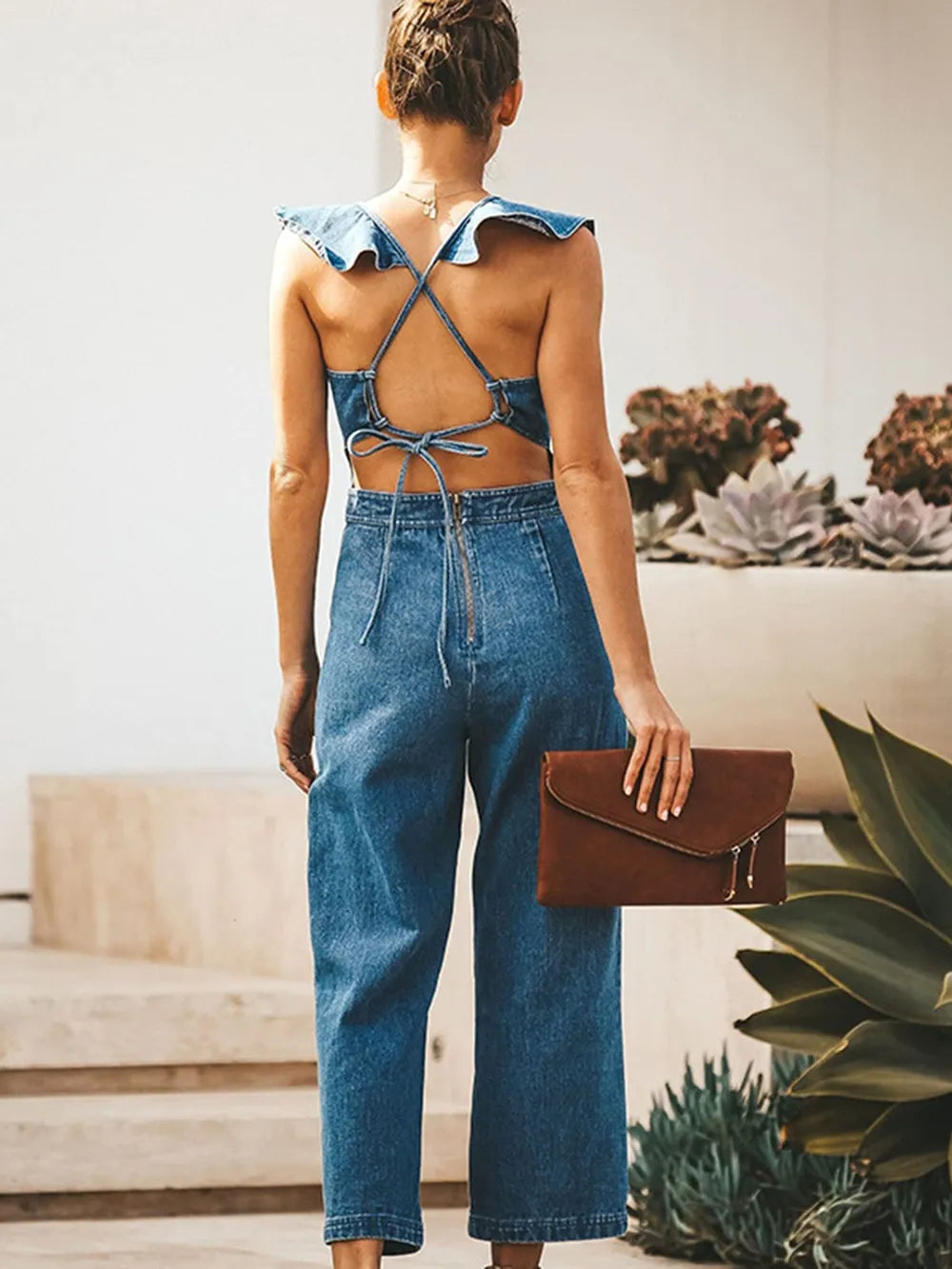 Ruffled Backless Sleeveless Denim Jumpsuit -