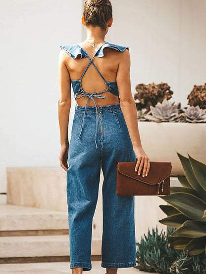 Ruffled Backless Sleeveless Denim Jumpsuit -