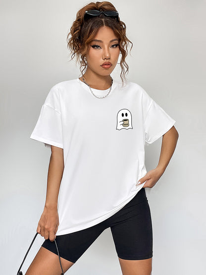 Round Neck Short Sleeve Ghost Graphic T-Shirt - White