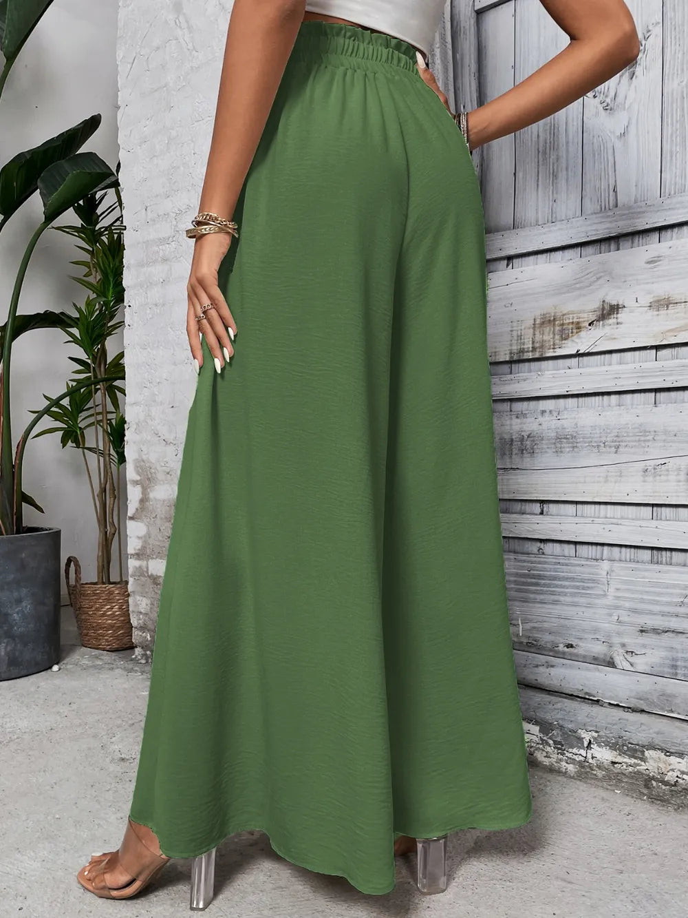 Tied High Waist Wide Leg Pants - Matcha Green